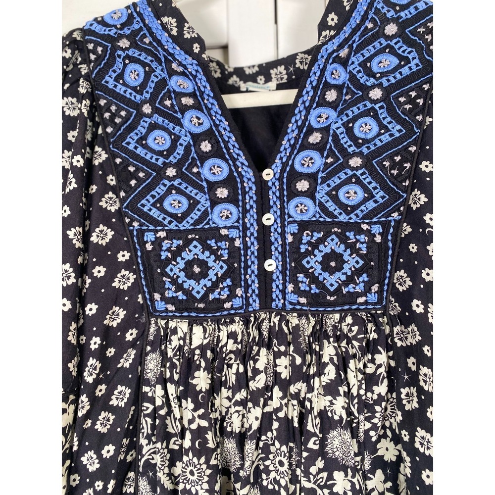 Sundance Lana Blue/Blac Prairie Dress Floral Embroidered Peasant Boho Western M - Picture 3 of 6